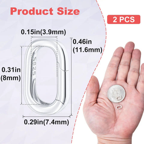 Your Go To Sterling Silver Oval Clasp Set for Jewelry Making Hypoallergenic Spring Bail Connectors in hand, size details shown