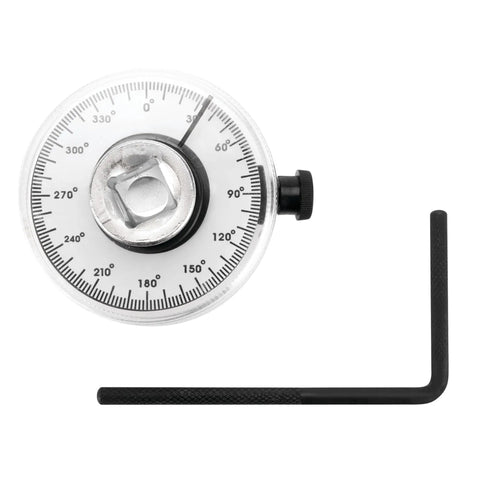 Torque Angle Gauge For One Half Inch Drive Tools With 360 Degree Scale In Two Degree Increments, Adjustable Arm In Two Lengths, Chrome Steel Build For Tough Auto Shop Jobs, 360° dial and L-arm