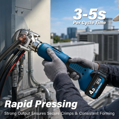 Tough As Nails Electric Battery Hydraulic Cable Lug Crimping Pliers With 17 Interchangeable Dies in use on copper terminals.