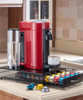 Red coffee machine on black metal Vertuo Pod Holder Storage Drawer For Nespresso Vertuo Capsules 40 Pod Capacity Under Coffee Machine Counter Organizer With Mesh Shelves