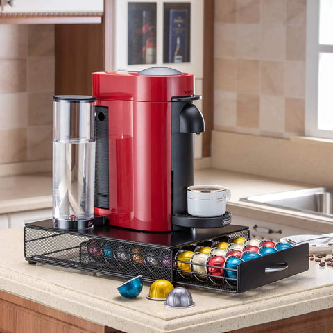 Red coffee machine on black metal Vertuo Pod Holder Storage Drawer For Nespresso Vertuo Capsules 40 Pod Capacity Under Coffee Machine Counter Organizer With Mesh Shelves