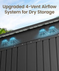 Close-up of ventilation system on large capacity 6 foot by 4 foot outdoor storage shed with double lockable doors, waterproof metal tool cabinet.