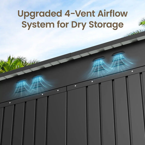 Close-up of ventilation system on large capacity 6 foot by 4 foot outdoor storage shed with double lockable doors, waterproof metal tool cabinet.