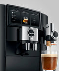 Hella Smooth Super Automatic Bean To Cup Coffee Maker Featuring Integrated Twin Boiler And Sweet Foam Dispenser Setup Plus Huge Angled Touchscreen Panel For A Slick Kitchen Flex On Demand showing touchscreen panel and milk dispenser.