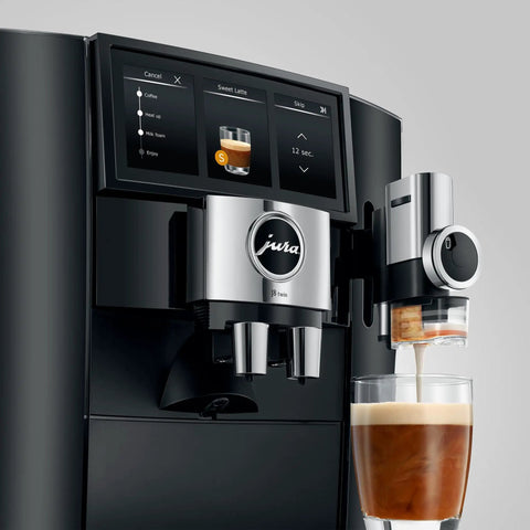 Hella Smooth Super Automatic Bean To Cup Coffee Maker Featuring Integrated Twin Boiler And Sweet Foam Dispenser Setup Plus Huge Angled Touchscreen Panel For A Slick Kitchen Flex On Demand showing touchscreen panel and milk dispenser.