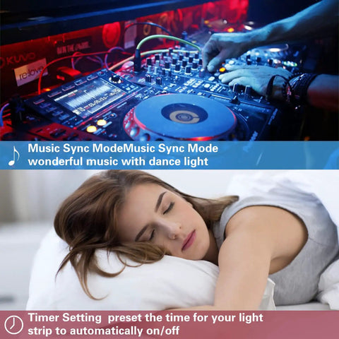 DJ mixing music with red LED neon rope lights and woman sleeping with timer setting for Led Neon Rope Lights With Music Sync.