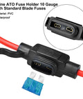 Close-up of an inline ATO fuse holder with a connected red wire and blue blade fuse, material PVC for Must Have 12V Mini Fuse Holder Kit With 120 Piece Multi Size Blade Fuses 2A 3A 5A Seven Point Five Amp 10A 15A 20A 25A 30A 35A And 10 Inline 14AWG Holders For Easy Car Audio And RV Protection.