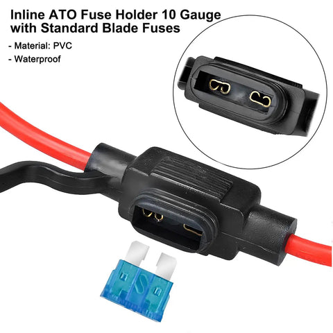 Close-up of an inline ATO fuse holder with a connected red wire and blue blade fuse, material PVC for Must Have 12V Mini Fuse Holder Kit With 120 Piece Multi Size Blade Fuses 2A 3A 5A Seven Point Five Amp 10A 15A 20A 25A 30A 35A And 10 Inline 14AWG Holders For Easy Car Audio And RV Protection.