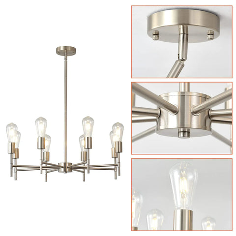 Lit Modern Sputnik Chandelier Light Fixture 6 Light Brushed Brass Pendant Ceiling Light detail, bulb sockets and base highlights