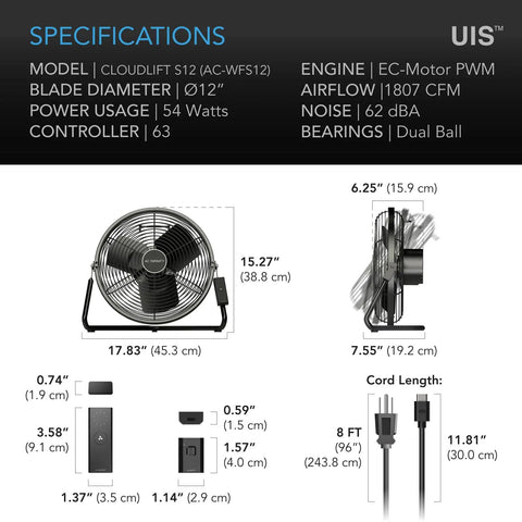Specifications for 12-Inch Industrial Wall and Floor Fan With Wireless 10-Speed Controller, EC Motor, High-Velocity Airflow.