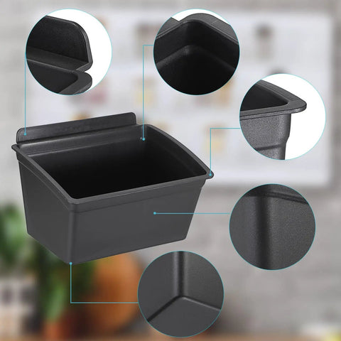 Detailed view of a heavy-duty plastic slatwall bin from the 15 Piece Slatwall Bins Set For Garage And Workshop Storage.