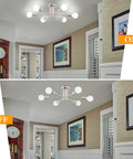 Six Light Nickel Sputnik Ceiling Chandelier With Mid Century Style in a hallway, shown lit and unlit in brushed nickel finish.