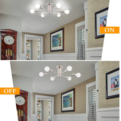 Six Light Nickel Sputnik Ceiling Chandelier With Mid Century Style in a hallway, shown lit and unlit in brushed nickel finish.