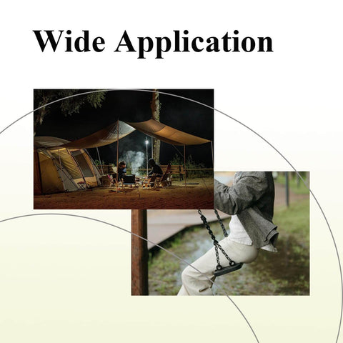 Collage showing camping tent setup and person swinging, illustrating versatility of 4 Pack M6 Eyebolts Stainless Steel 304 Lifting Ring Eyebolt With Threaded Shank For Wood And Machinery Heavy Duty Shoulder Lift Hardware 41mm Overall 0.6 Inch Ring Inner Diameter 16.5mm 5mm Ring Thickness