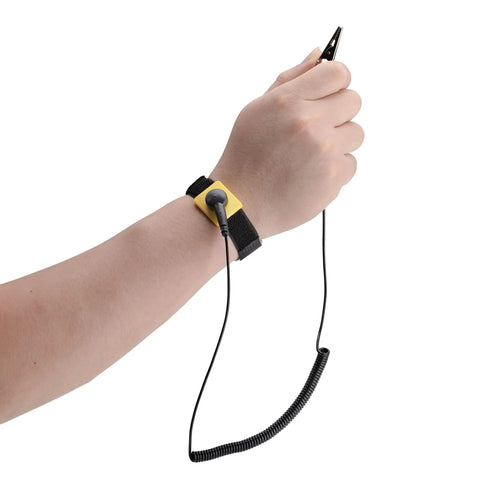 Person wearing ESD Wrist Strap With Grounding Cable And Detachable 5ft Cord For Safe Static Discharge Reducing Shock Risk With 1M Ohm Resistor And Keeping Your Gear Safe, TAA Compliant, Adjustable Comfort Band.