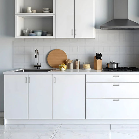 Modern kitchen with white cabinets featuring 20 Pack 3 Inch Hole Center Solid Kitchen Cabinet Handles in Polished Chrome, zinc alloy finish.