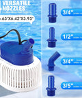 All Weather Navy Pool Cover Pump With Lights, 4 adapters, submersible sump pump for above-ground pools, 850 GPH