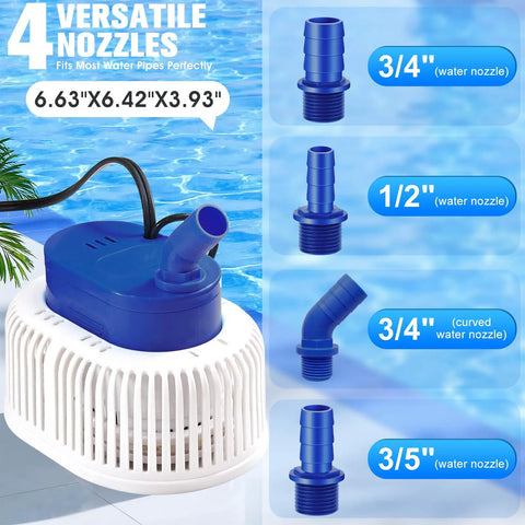All Weather Navy Pool Cover Pump With Lights, 4 adapters, submersible sump pump for above-ground pools, 850 GPH