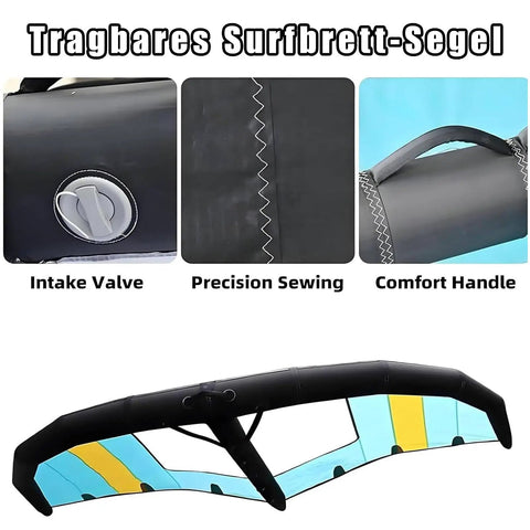 Inflatable Windsurfing Wing With Window For Dope Foil Surf Sessions 4m2 5m2 6m2 Size, showing valve, stitching, and handle details.