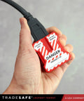 Person holding a red Power Plug Lockout Device For 2 Or 3 Prong Plugs, OSHA Compliant Lockout Lock, Keyed Alike 5 Pack with 2 Keys Each
