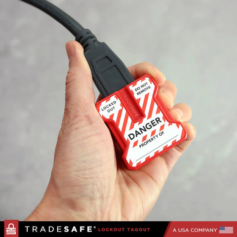 Person holding a red Power Plug Lockout Device For 2 Or 3 Prong Plugs, OSHA Compliant Lockout Lock, Keyed Alike 5 Pack with 2 Keys Each