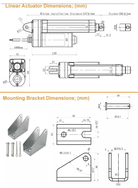 Technical drawings of Beefy 12V Linear Actuator Heavy Duty 617 Lbs 2800N IP67 Waterproof With 4 Inch Stroke And Mounting Brackets.
