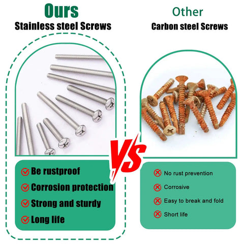 Comparison of 102 Piece Stainless Steel Screw Kit For Electrical Mounting DIY Friendly 6-32 And 8-32 Phillips Pan Head Screws Five Eighths To Two Inches For Wall Plates Switches Receptacles Rust Resistant 304 with carbon steel screws