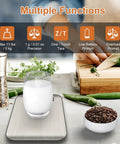 Must Have Digital Kitchen Scale With 11 Lb Capacity, 6 Measurement Units, glass of milk on scale next to cutting board and spices