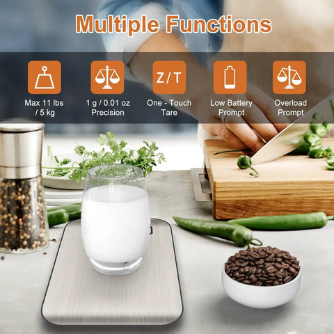 Must Have Digital Kitchen Scale With 11 Lb Capacity, 6 Measurement Units, glass of milk on scale next to cutting board and spices