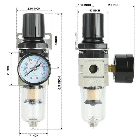 Hromee 1/4 in air compressor filter-regulator combo with pressure gauge and clear collection bowl, front view

Hromee 1/4 in air compressor filter-regulator combo with brass port and mounting bracket, side view