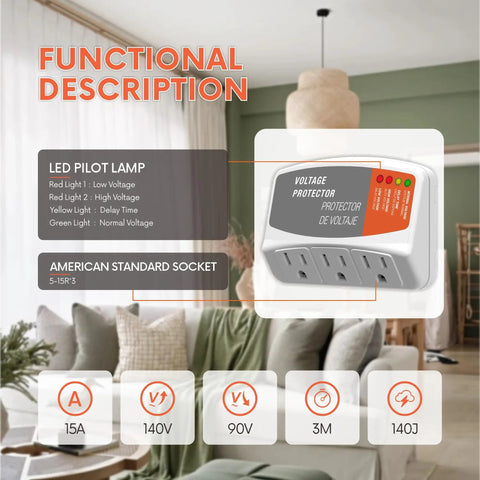 Three Outlet Refrigerator Surge Protector Wall Plug With Automatic Voltage Protection For Fridge AC And Washer 1800W 120V 15A indoors