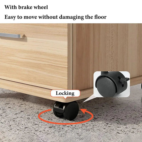 Lockable Vertical File Cabinet With 3 Drawers On Mobile Wheels In Wooden And Metal Finish showing locking wheel mechanism