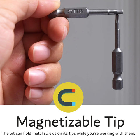 Hand holding an S2 T15 magnetic Torx screwdriver bit from the Eight Piece Torx Star Security Screwdriver Bits Set.