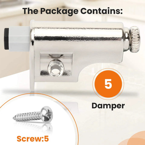 Close-up of 5 Pcs Soft Close Damper For Cabinet Doors And Wardrobe Doors, Adjustable Hydraulic Buffer, shown with included screws.