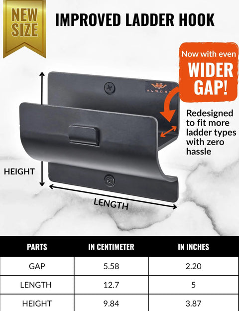 Rock Solid Heavy Duty Ladder Hook Wall Mount, Black Carbon Steel Garage Storage Hanger, improved size with 5 inch length.
