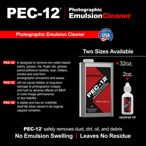 PEC-12 Photographic Emulsion Cleaner kit with 32 oz jug and 2 oz dropper bottle for cleaning film and negatives.