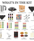 What's in the All In One Candle Making Kit For Adults DIY Starter Set With Soy Wax Melt Pot Electric Stove Wicks 20 Black Candle Tins 6 Essential Scents Labels And Accessories For Homemade Scented Candles displayed.