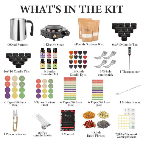 What's in the All In One Candle Making Kit For Adults DIY Starter Set With Soy Wax Melt Pot Electric Stove Wicks 20 Black Candle Tins 6 Essential Scents Labels And Accessories For Homemade Scented Candles displayed.