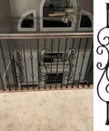 Top Shelf Kick Ass Wrought Iron Railing Posts And Diy Staircase Balusters For Outdoor Deck Porch Backyard With Rust Proof Paint And 37 Inch Heavy Duty Metal Banister Spindles, detailed view of decorative railing in indoor setting.