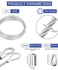 Diagram of a 100Ft Wire Rope Crimping Tool Kit with 304 Stainless Steel Cable 7x7 Strand Core 1.5mm and accessories