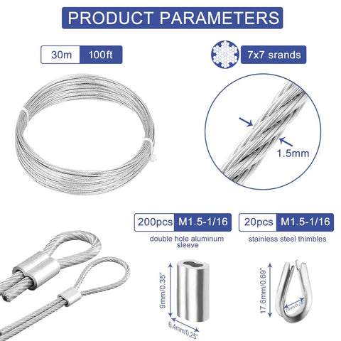 Diagram of a 100Ft Wire Rope Crimping Tool Kit with 304 Stainless Steel Cable 7x7 Strand Core 1.5mm and accessories