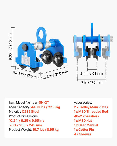 Manual I Beam Trolley 2 Ton Load With Dual Wheels Beefy Heavy Duty Carbon Steel Adjustable Beam Width From 2.4 To 7 Inches