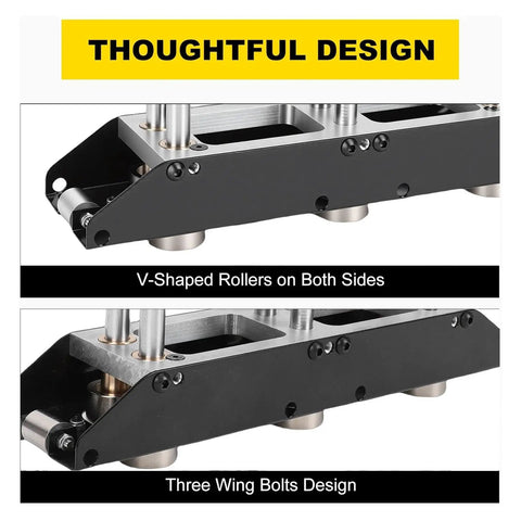 Close-up of Three Station Sheet Metal Roller Bender with V-Shaped Rollers and Three Wing Bolt Design for seamless custom bends.
