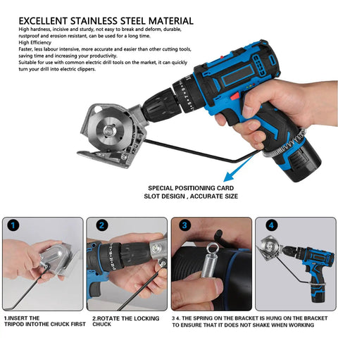 Transform Your Standard Drill With This Stainless Steel Fabric Nibbler And Sheet Metal Cutter Attachment For DIY Pros in use with locking chuck.