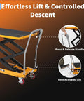 Hydraulic lift table cart with manual scissor lift, 50-inch height, 330lbs capacity, yellow frame, non-slip pad and four wheels.