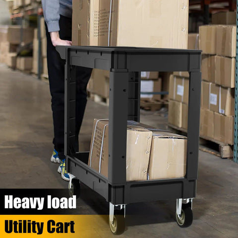 Heavy Duty Rolling Tool Cart With Deep Two Shelves 40 X 17 Inch Plastic Utility Cart On Wheels For Garage Shop And Warehouse 550 Lb Capacity Waterproof And Rustproof With Easy Clean Storage Organizer in a warehouse with boxes