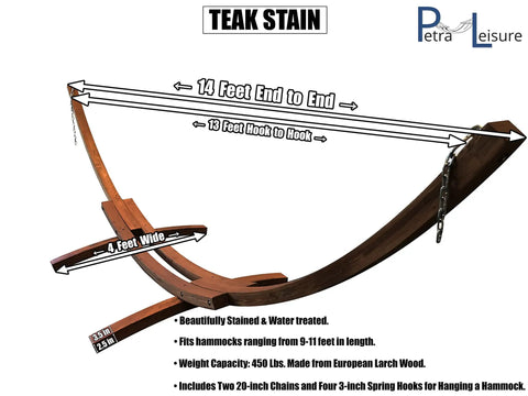 14 Ft Wooden Arc Hammock Stand With 450 Lb Capacity In Teak Stain Finish Built From European Larch Wood includes chains and hooks