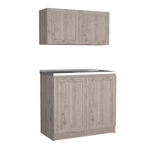 Premium Light Gray Two Piece Cabinet Set With Adjustable Modular Countertops High And Low Profiles Ample Storage For Home Or Office Spaces, side view.
