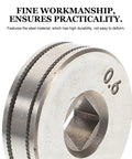 Close-up of two steel drive rollers for SSJ16 wire feeder; knurled groove for 0.6/0.8 mm wire.