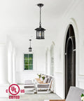 Outdoor Pendant Lights For Porch Black Exterior Hanging Lanterns Waterproof Aluminum Farmhouse Ceiling Light Fixture With Tempered Seed Glass Chandelier For Gazebo on a white porch